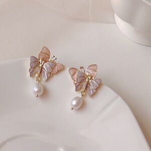 New S925 Silver Needle Purple Butterfly Sweet Earrings with Pearls